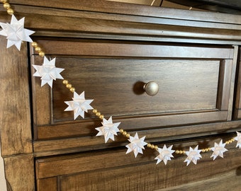 Moravian Paper Star Ornament Garland - 24 2-inch White Stars with Gold Beads - NEW CREATION!