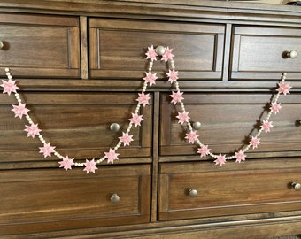 Moravian Paper Star Ornament Garland - Pink, Baby Girl Nursery, Gender Reveal - Pink Stars with White Beads - NEW CREATION!