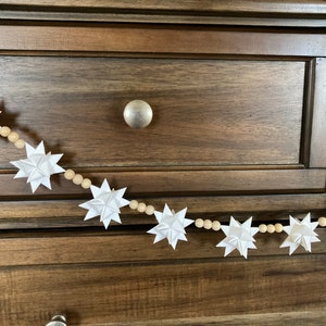 Moravian Paper Star Ornament Garland 24 2-inch White Stars with Natural Wood Beads NEW CREATION image 4