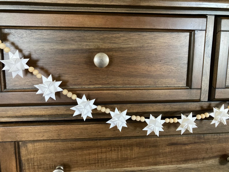 Moravian Paper Star Ornament Garland 24 2-inch White Stars with Natural Wood Beads NEW CREATION image 4