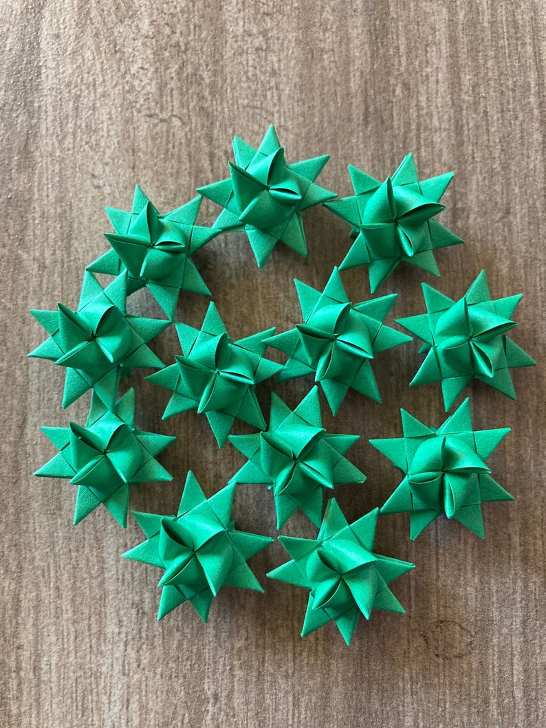 St Patricks Day Green Stars 12 MINIATURE 1 inch Moravian Paper Star Ornaments Does not come with hanger due to miniature size image 1