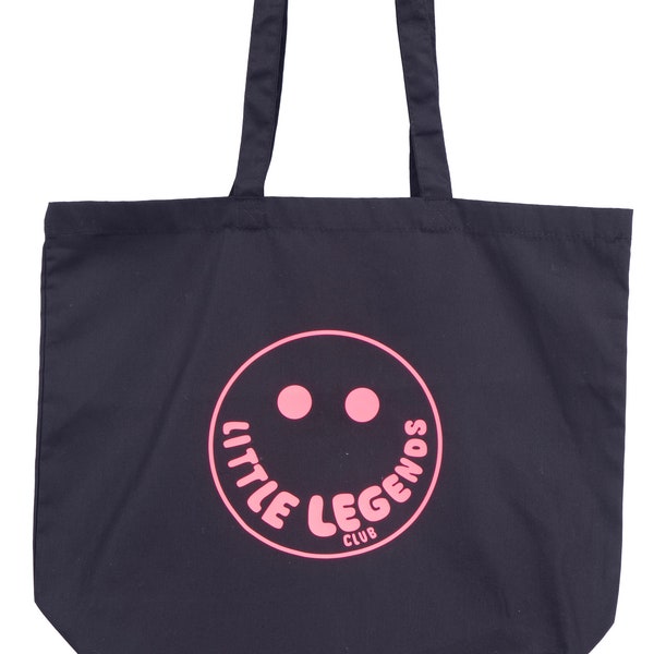 Little Legends Club Black Maxi Tote Bag. Features our Popular Fluorescent Pink Smiley Logo.