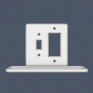 May include: White plastic electrical outlet cover with two openings, one for a light switch and one for an electrical outlet. The cover is mounted on a white plastic shelf.