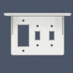 May include: A white electrical wall plate with cutouts for a light switch and two smaller switch openings. The plate has screw holes and a small shelf-like extension at the top. The background is a solid dark blue.