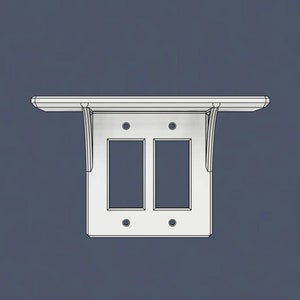 May include: A white, wall-mounted shelf with a double light switch plate. The shelf has a rectangular top supported by decorative brackets. The light switch plate has two rectangular openings for switches and four screw holes.
