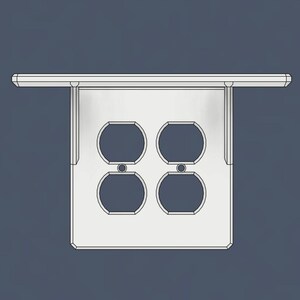 May include: A white plastic electrical outlet cover with two double outlets. The cover has a rectangular shape with rounded corners and is designed to be mounted on a wall.