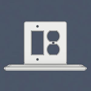 May include: White electrical outlet and light switch cover plate with a shelf underneath.