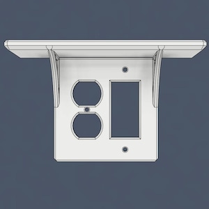 May include: A white wall plate cover featuring an integrated small horizontal shelf supported by two curved brackets. The plate includes two circular cutouts for a duplex outlet and one rectangular cutout for a rocker switch, with two screw holes.