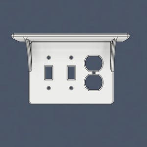 Könnte beinhalten: Weißes Regal mit zwei Lichtschaltern und einer Standard-Steckdose. Das Regal hat ein schlichtes Design mit abgerundeten Kanten.