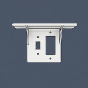 May include: A white wall-mounted shelf featuring an integrated light switch and outlet cover plate. The structure includes a horizontal shelf surface supported by two vertical brackets, with cutouts for a standard toggle switch and a rectangular outlet.