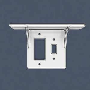 May include: White wall plate with a single light switch and a single outlet. The plate is mounted on a shelf.