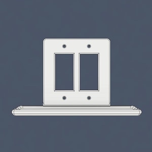 May include: White plastic double light switch plate with a shelf underneath.