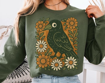 Vintage Fall Crow With Flowers Sweatshirt | Rustic Autumn Bird Sweater | Cozy Halloween Pullover