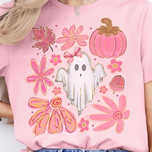 Ghost with Pink Flowers Halloween Shirt – Cute Spooky Pumpkin Tee, Floral Ghost Fall T-Shirt, Pink Halloween Aesthetic Shirt