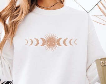 Sweatshirt céleste, pull phases de lune, pull lune mystique bohème et soleil, astronomie bohème lune, lune spirituelle femme vêtements cadeaux