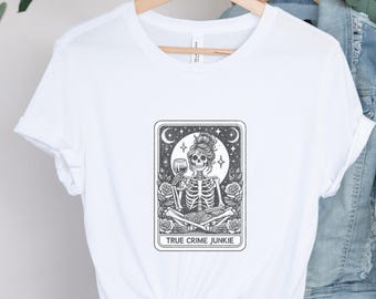 True Crime Junkie, Distressed Tarot Card, Spiritual Minimalist Graphic T-Shirt, Occult Short Sleeve Shirt, Mystical Tee, Tarot Lover Gift