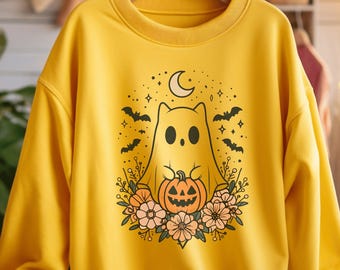 Whimsical Cat Ghost Halloween Sweatshirt |Cute Pumpkin & Bats Sweater |Retro Spooky Shirt| Halloween Aesthetic| Fall Graphic Shirt