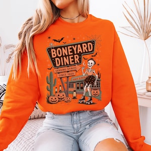Boneyard Diner Halloween Sweatshirt | Spooky Retro Cafe Fall Sweater