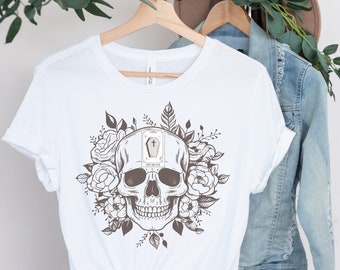 Halloween Skull Tshirt for Women | Women&#39;s Halloween Skull Shirt Death Tarot Card | Flower Skull Tee | Floral Spooky Halloween Top