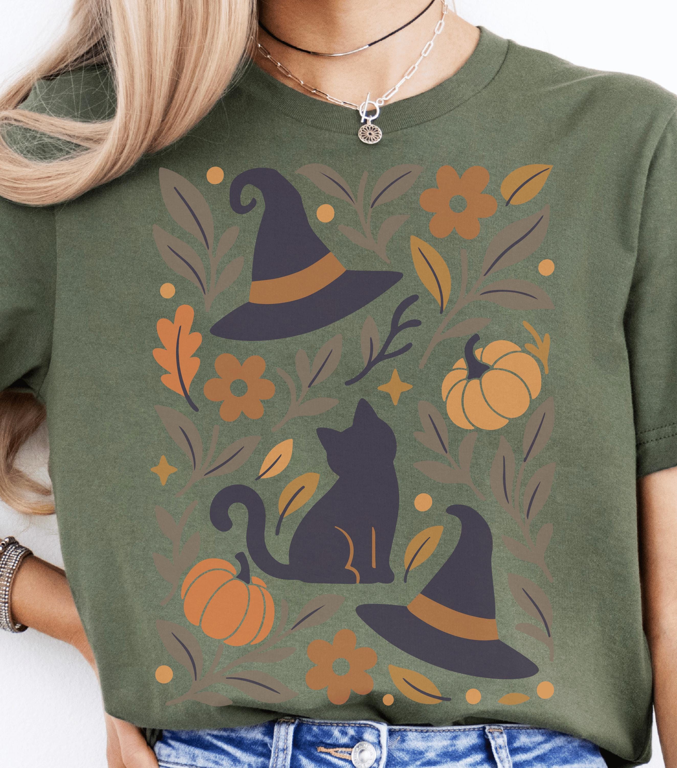 Black Cat Witches Hat Retro Halloween Tee | Fall Shirt | Autumn T-Shirt | Cozy Spooky Season Style | Maximalist Autumn Tee | Pink Halloween
