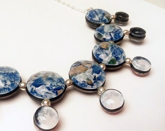 Day and Night Earth and Moon Necklace, Double Sided, Sterling Silver