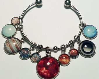 Stainless Steel Dangle Bracelets, Your choice of Celestial Bodies (Solar System, Earth, Mars, Jupiter, Saturn or Pluto, with their Moons)