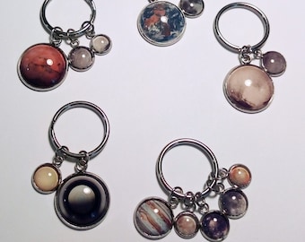 Stainless Steel Dangle Keychains, Your choice of Planet Earth, Pluto, Jupiter, Saturn, or Mars and their Moons