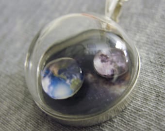 Tiny Space Bubble Necklace, Earth and Moon, Sterling Silver