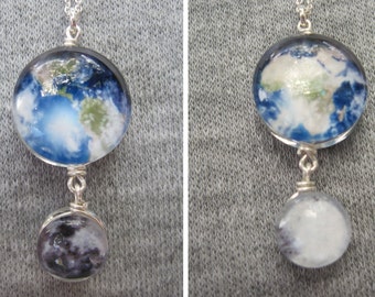 Mini Earth and Moon Double Sided Sterling Silver necklace, Hand-Made