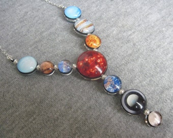 Solar System Double Sided Sterling Silver Asymmetrical Y-shaped Necklace, Hand-Made