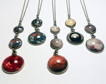 Stainless Steel Dangle Necklaces, Your choice of Celestial Body (Sun-Earth-Moon, Earth-Moon, Mars-Moons, Pluto-Charon, Saturn-Titan)