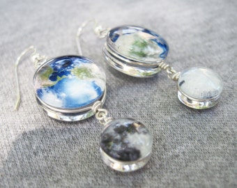 Mini Earth and Moon Double Sided Sterling Silver Earrings, Hand-Made