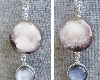 Mini Pluto and Charon Double Sided Sterling Silver necklace, Hand-Made