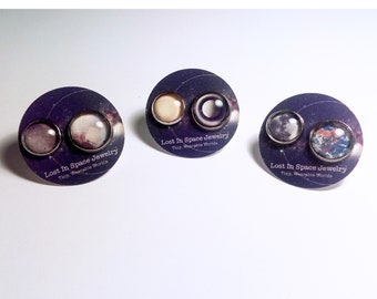 Stainless Steel Planet and Moon Earring sets, Choose one! (Pluto and Charon, Saurn and Titan, or Earth and Moon)