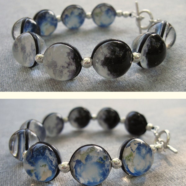 Earth and Moon Phases Double Sided Bracelet,  Sterling Silver