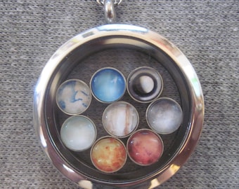 Floating Locket with 8 planet charms, Stainless Steel