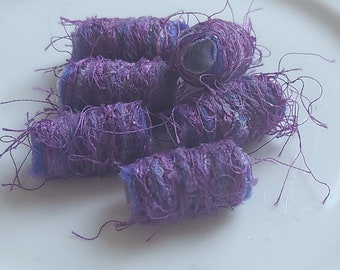 Set of 6 fabric beads. So many shades of purple! We're so glad we are just-this-one! Fiber Beads, Artisan dread hair tube