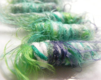 Set of 6 Shaggy Fiber Beads, Green and Blue Textile Tubes