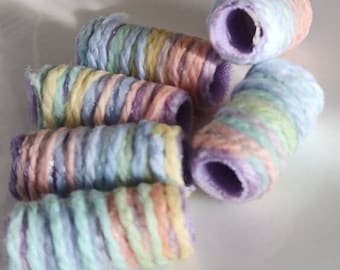 Set of 6 fabric beads. We're complex. Why, just look at our multiple layers of pastel beauty! Fiber Bead tube barrel slide. Dread decoration