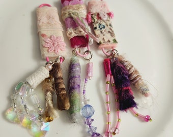 Set of 3 top and bottom loop.  It's a love thing. A romantic, mini Fiber Bead love thing extravaganza. charm journal purse.
