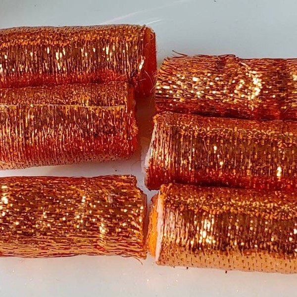 Set of 6.  Fabric Bead like a bright copper tube. We will shimmer and shine.  textile dread embellishment, fiber tube, soft jewelry slide