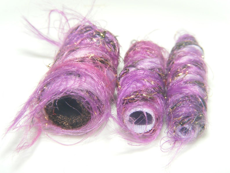 Set of 6 fabric beads. It's rather wonderful, being fiber beads. Our grape color wisps and gold sparkle Added bonus. hair bead tube slide image 4