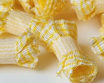 Happy yellow and white stripes and checks. In minature. With ruffles. What more could you want? Fiber Bead Mini, , soft tube artisan supply