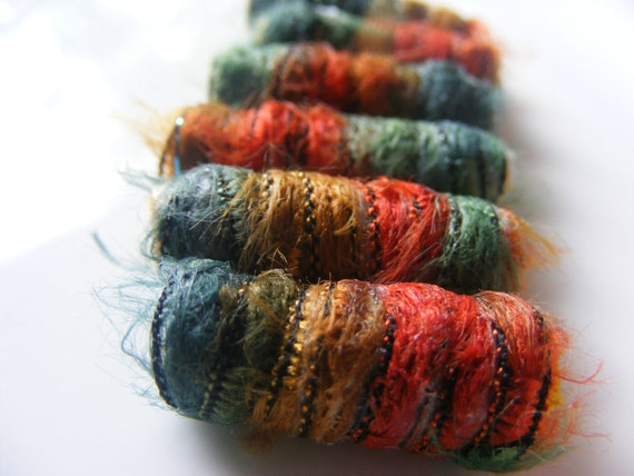 Set of 6 Fiber Beads, Fall Colors, Dread Hair Tube Sleeve