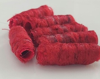 Red Fiber Beads: Holiday Textile Tube Beads, Set of 6