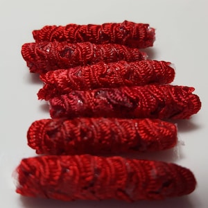 Set of 6 red ripple fabric beads. Say that three times really fast! Fiber Beads, dread decorations, macrame bead, textile beads