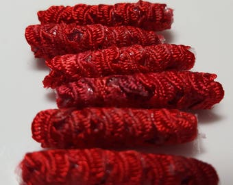 Set of 6 red ripple fabric beads. Say that three times really fast! Fiber Beads, dread decorations, macrame bead, textile beads