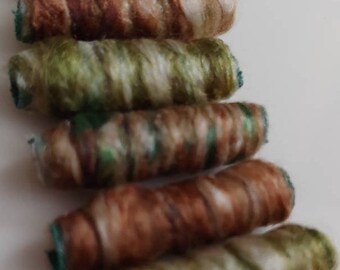 Set of 6 fabric beads. One part green, one part brown for a forest primeval. You are welcome. Fiber Bead, textile dread tube, barrel, light