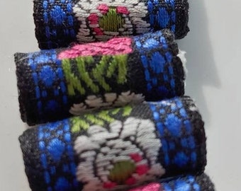 Set of 6 black background floral theme beads. Yellow, pink, blue and green. Wide hole, large hole, big hole, fabric barrel beads