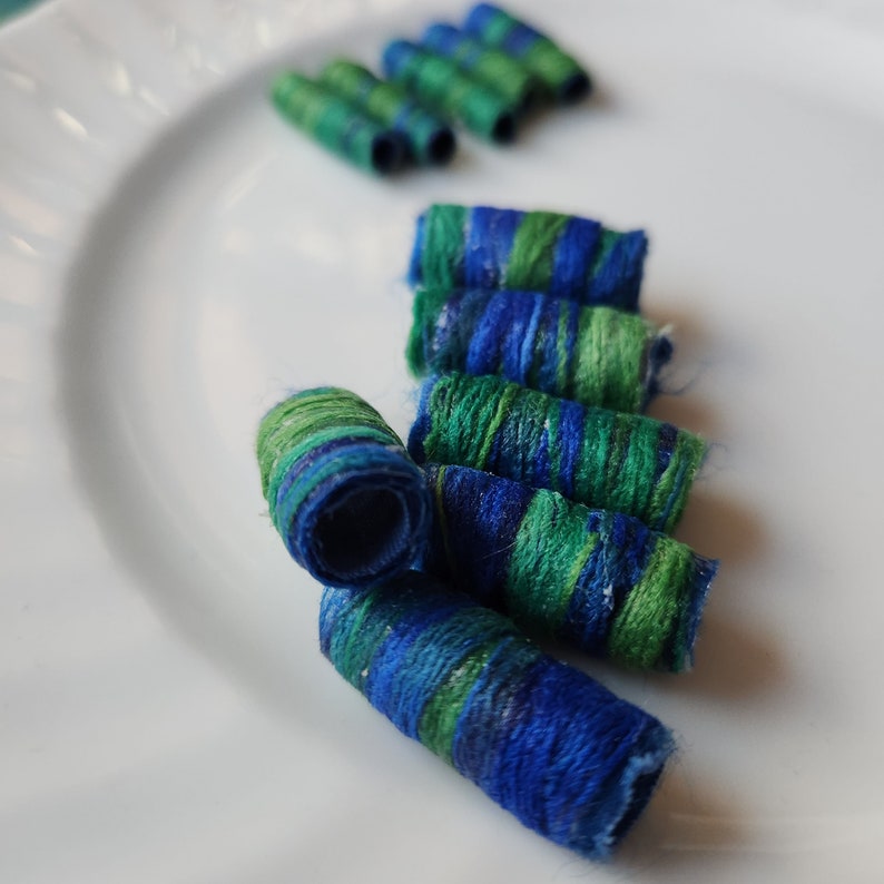 Set of 6 fabric beads. Look, mark and learn about our royal blues and vibrant greens.It's a basic lesson without sparkle. embellishment tube image 2